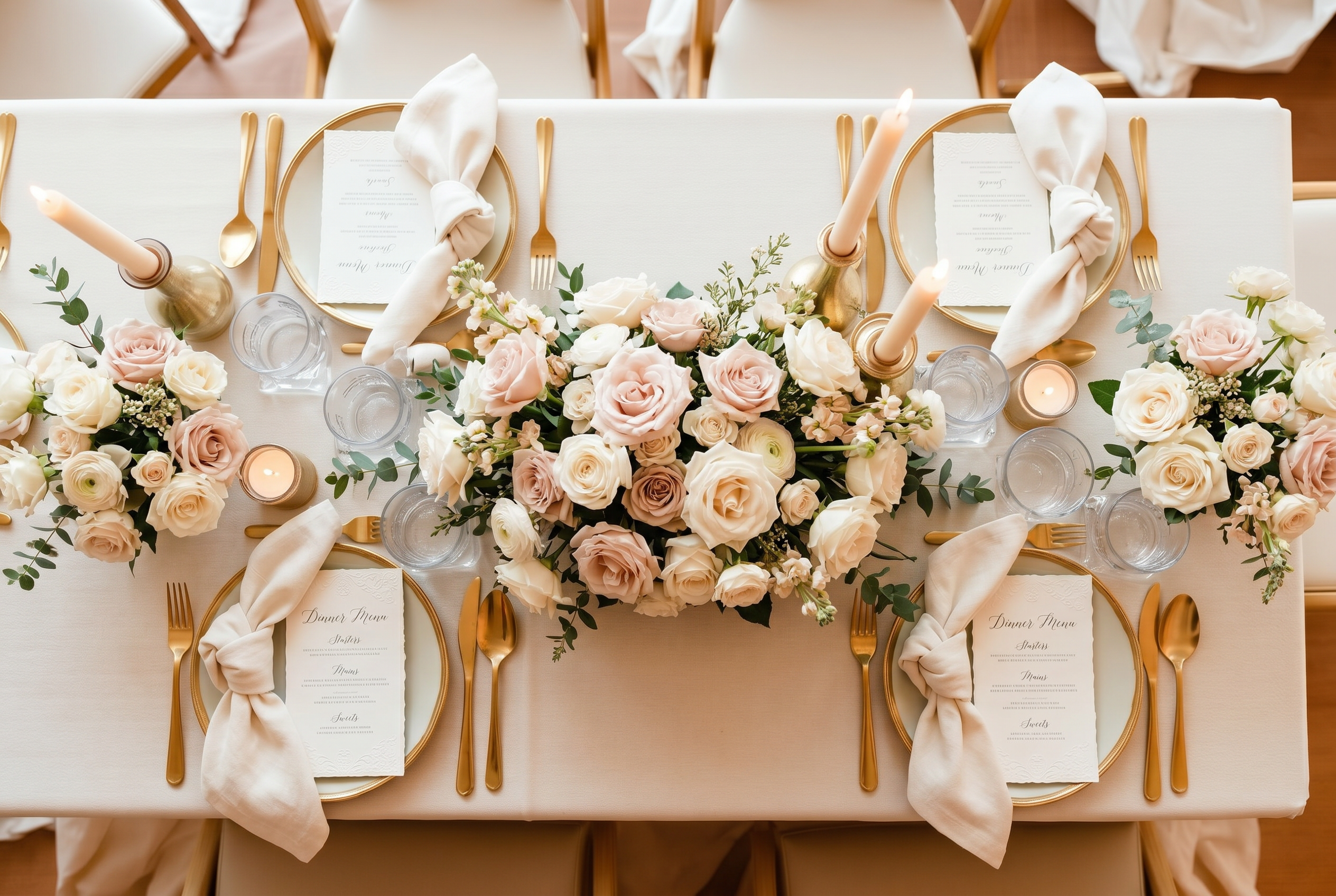 Elegant tablescape with ivory linens, gold flatware, and white florals