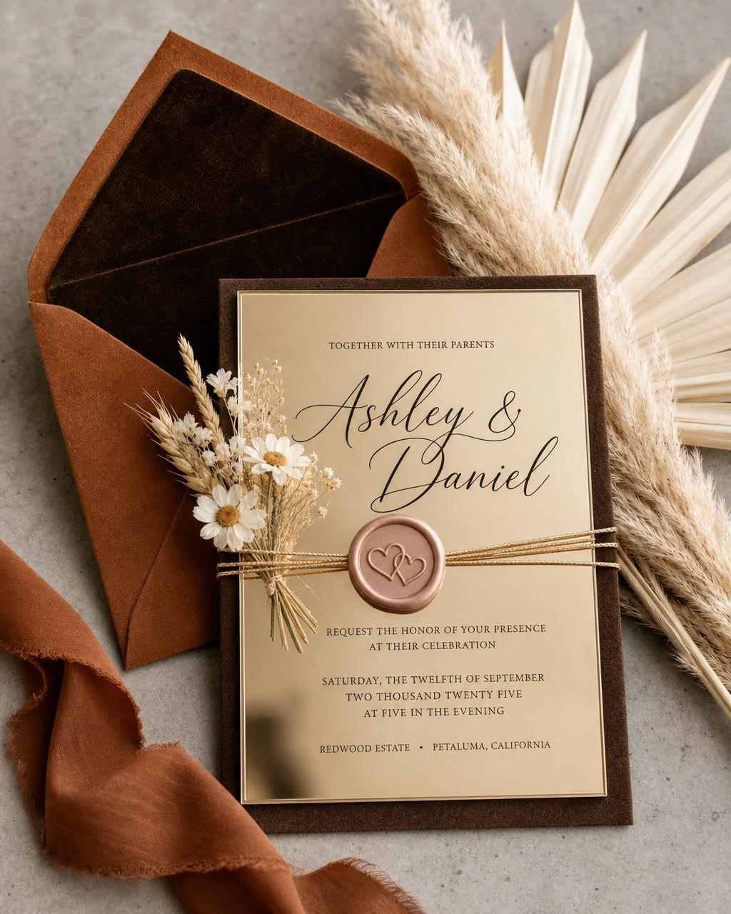 Suede and gold mirror wedding invitation suite